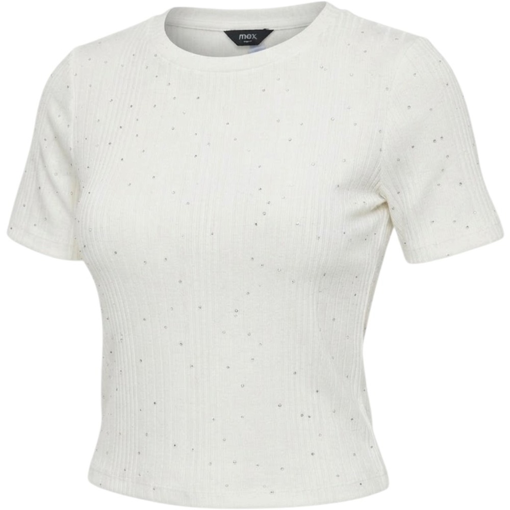 Max Ivory Ribbed Knit Top XL Silver Rhinestone Appliques Short Sleeve SFK3601